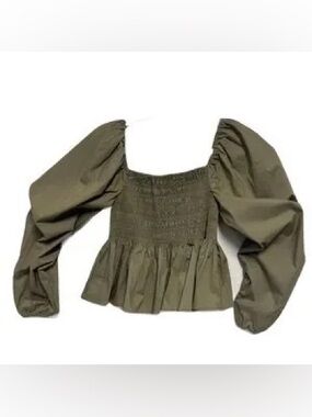 Chelsea & Violet C & V Olive Green Smocked Long Balloon Sleeve Blouse - SZ M